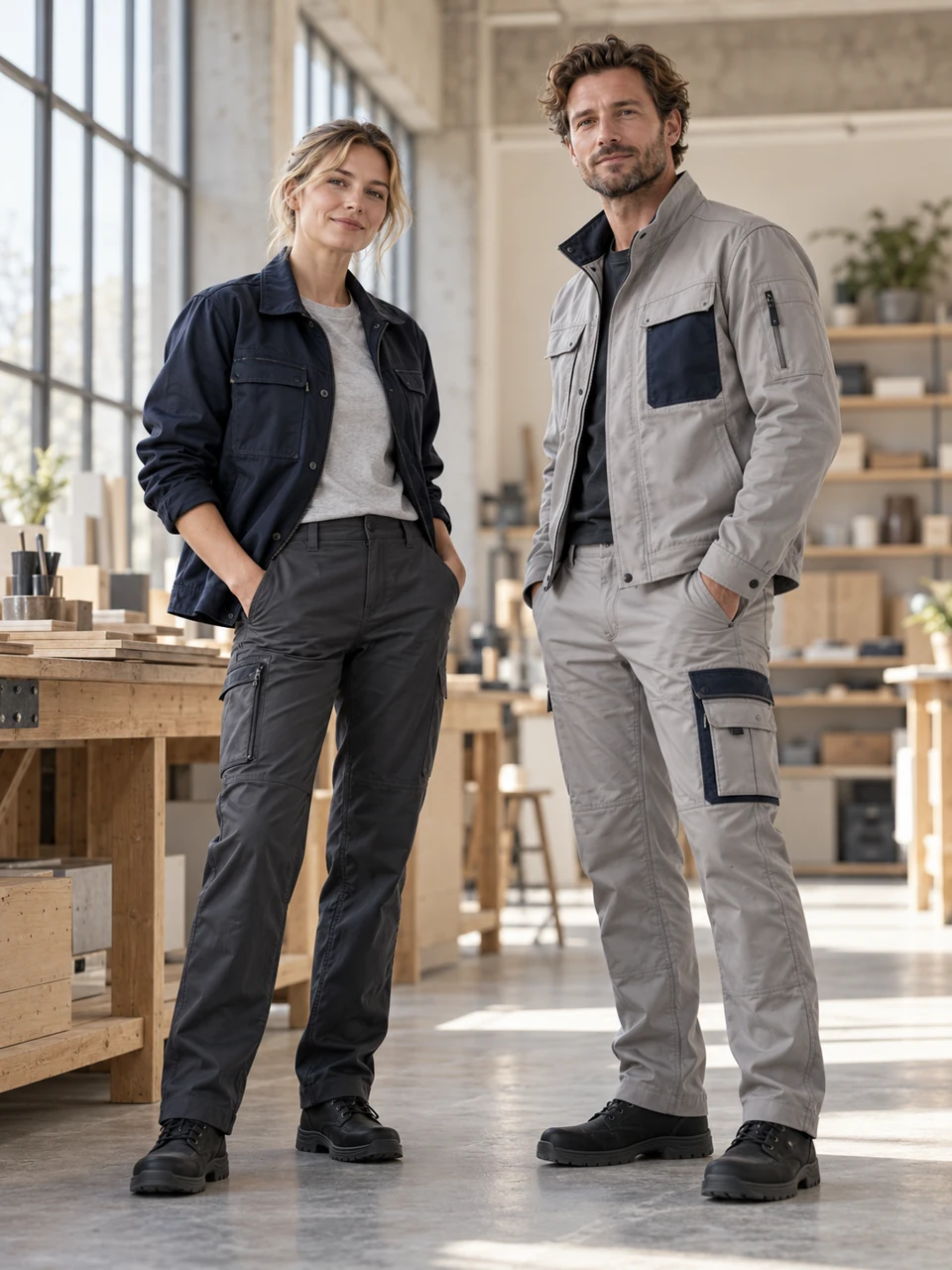 Stilwelt Arbeitsbekleidung: moderne funktionale Jacken und Hosen in Navy und Steingrau in einer hellen Werkstatt