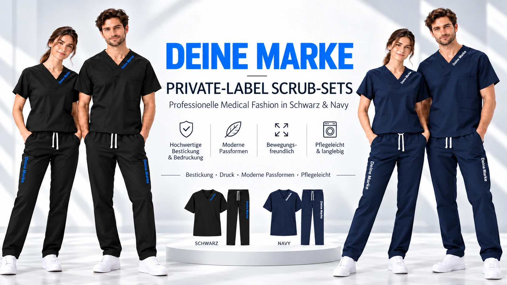 Deine Marke: schwarze Sets mit blauer Bestickung und Navy-Sets mit weißer Bestickung