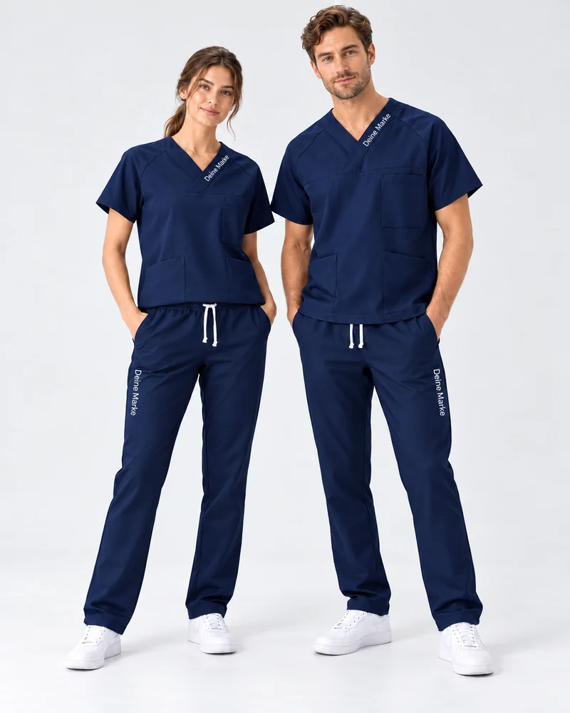 Frau und Mann im navyfarbenen Kasack-Hosen-Set – KI-Visualisierung