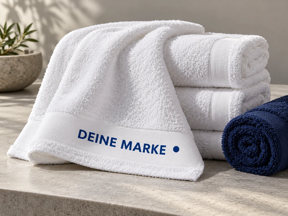 KI-Gestaltungsbeispiel: weiße Handtücher mit blauem Werbedruck Deine Marke und ein navyfarbenes Handtuch