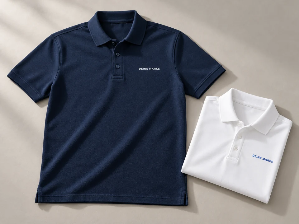 KI-Gestaltungsbeispiel: navyfarbenes und weißes Poloshirt mit Musterbestickung Deine Marke