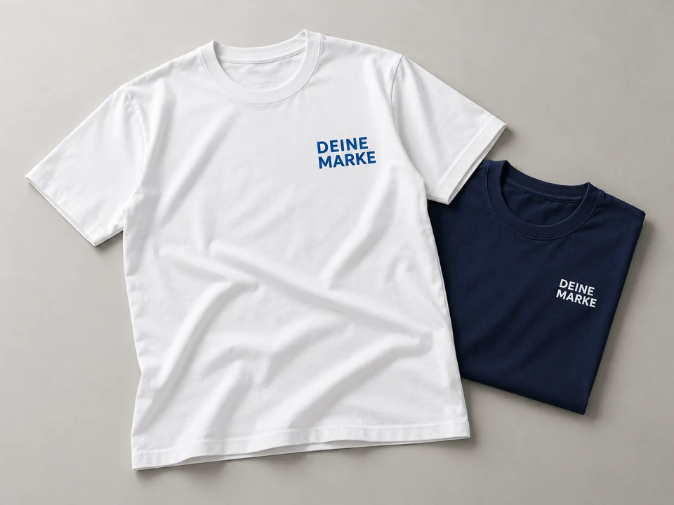 KI-Gestaltungsbeispiel: weißes und navyfarbenes T-Shirt mit kontrastierendem Werbedruck Deine Marke